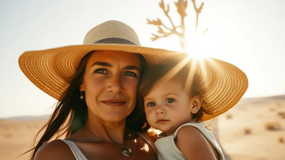 A mother and child looking into the distance under a wide-brim hat.